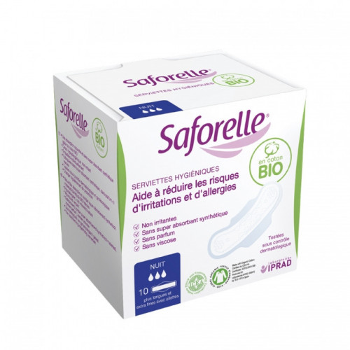 SAFORELLE SERVIETTES HYGIÉNIQUES NUIT COTON BIO 10 SERVIETTES HYGIÉNIQUES