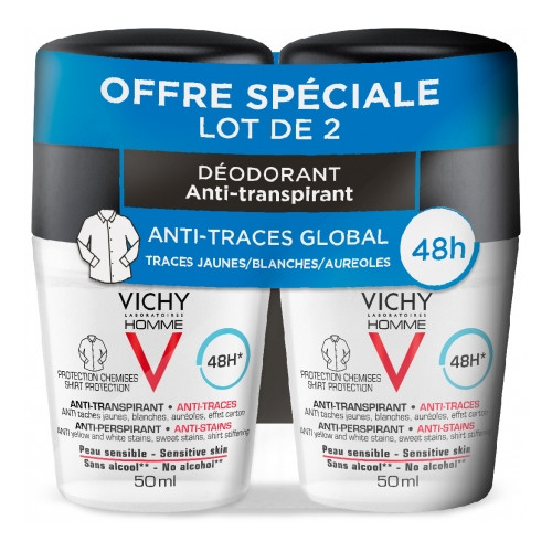 VICHY HOMME DÉODORANT 48H Bille Anti Traces - Lot de 2x50ml