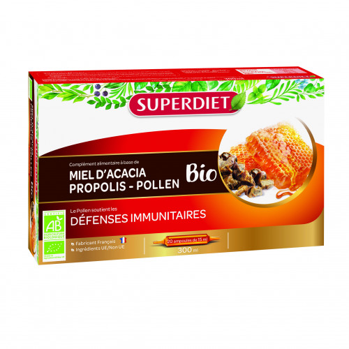 SUPERDIET Miel d'Acacia Propolis Pollen BIO - 20 Ampoules de