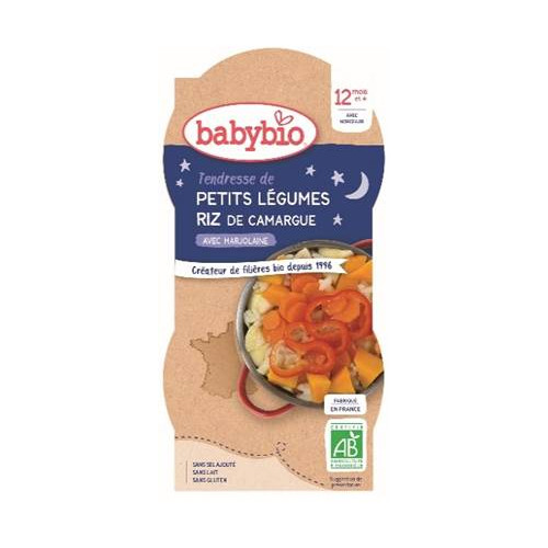 BABYBIO BOLS BONNE NUIT + 12 Mois Petits Légumes Riz - 2x200g