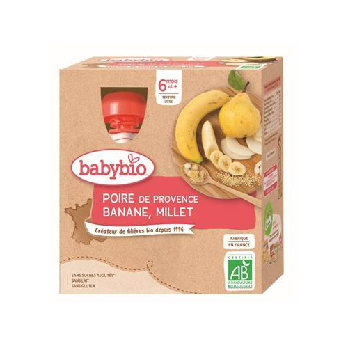 BABYBIO GOURDES FRUITS + 6 Mois Poire Banane Millet - 4x90g