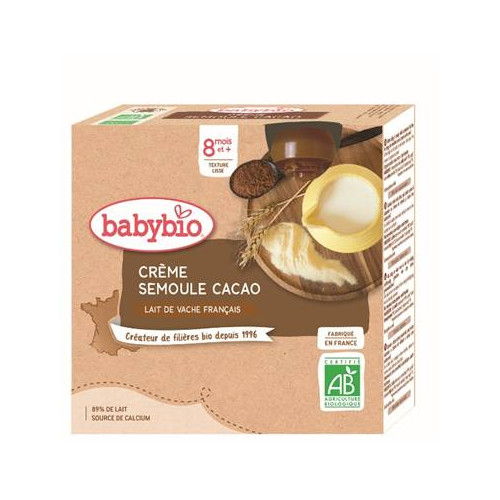 BABYBIO GOURDES DESSERT LACTÉ + 8 Mois CRÈME SEMOULE CACAO x 4