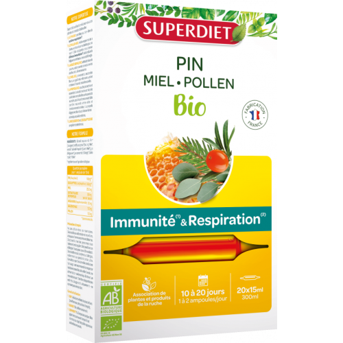 SUPERDIET Pin Miel Pollen BIO - 20 Ampoules de 15ml